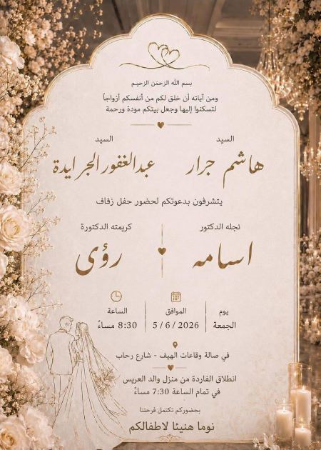 نهنئ ابن العم الدكتور اسامة هاشم جرار بمناسبة الزفاف الذي يدعوكم اليه 