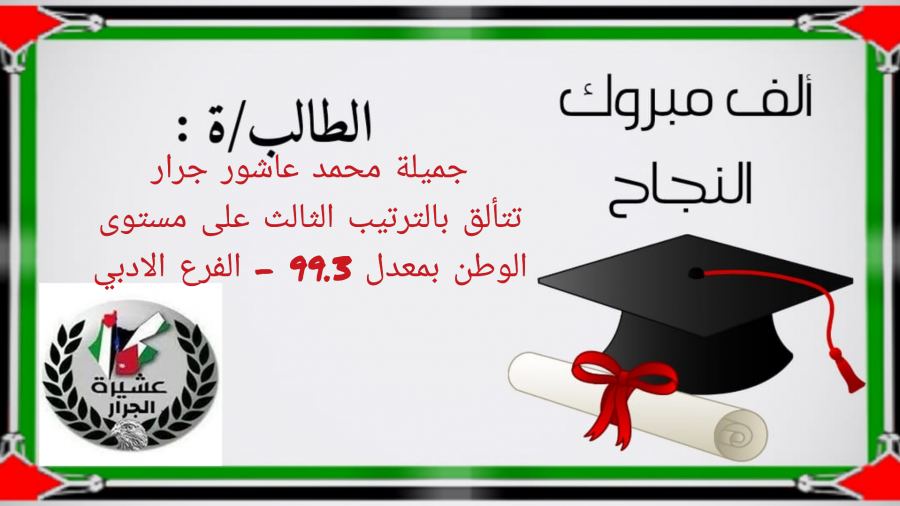 نهنئ الطالبة جميلة محمد عاشور جرار بمناسبة نجاحها في الثانوية العامة