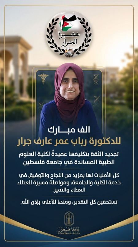مبارك للدكتورة رباب عمر عارف جرار تجديد الثقة بتكليفها عميدةً لكلية العلوم الطبية المساندة في جامعة فلسطين 